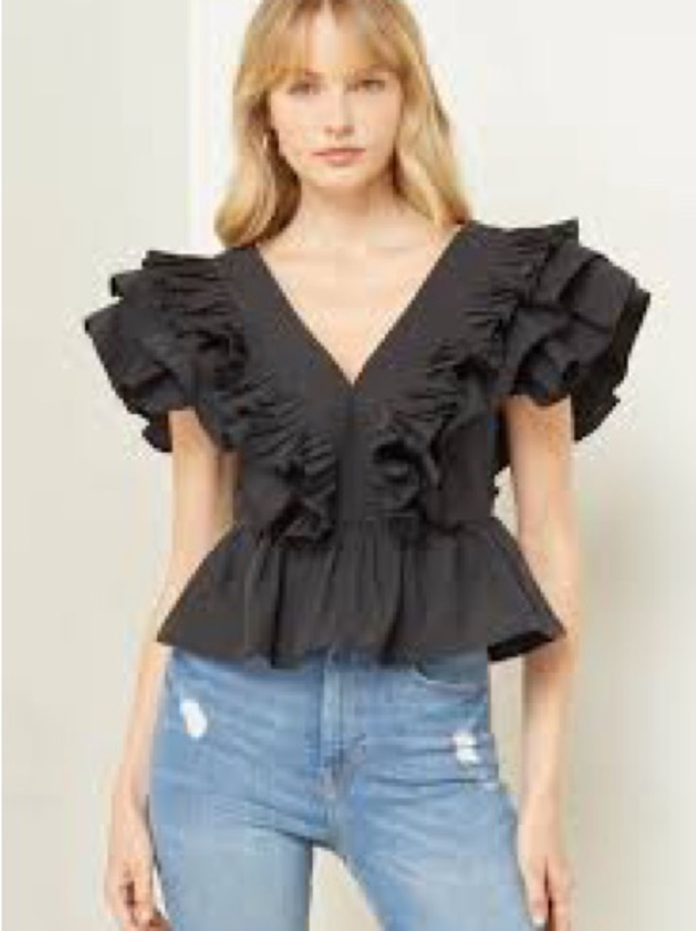 Entro Black Ruffle Sleeve Peplum Top Large Pleated V-Neck Blouse